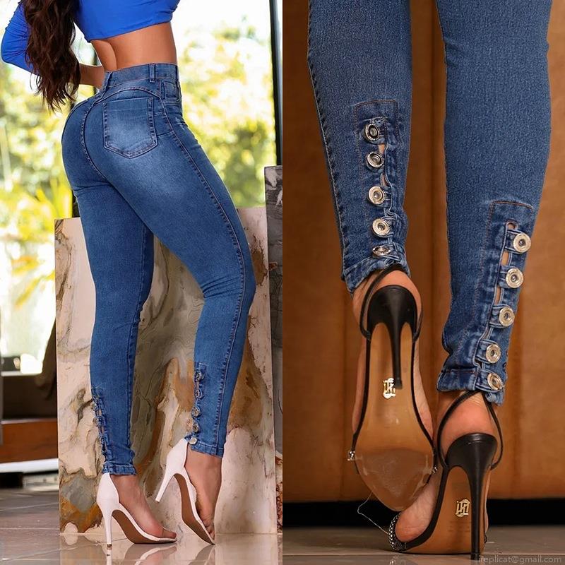 Women's High Waist Skinny Jeans Elastic Denim Pants Push Up Hip Button Fly Distressed Ripped Trousers Cotton Blend Slim Fit Streetwear Jeggings