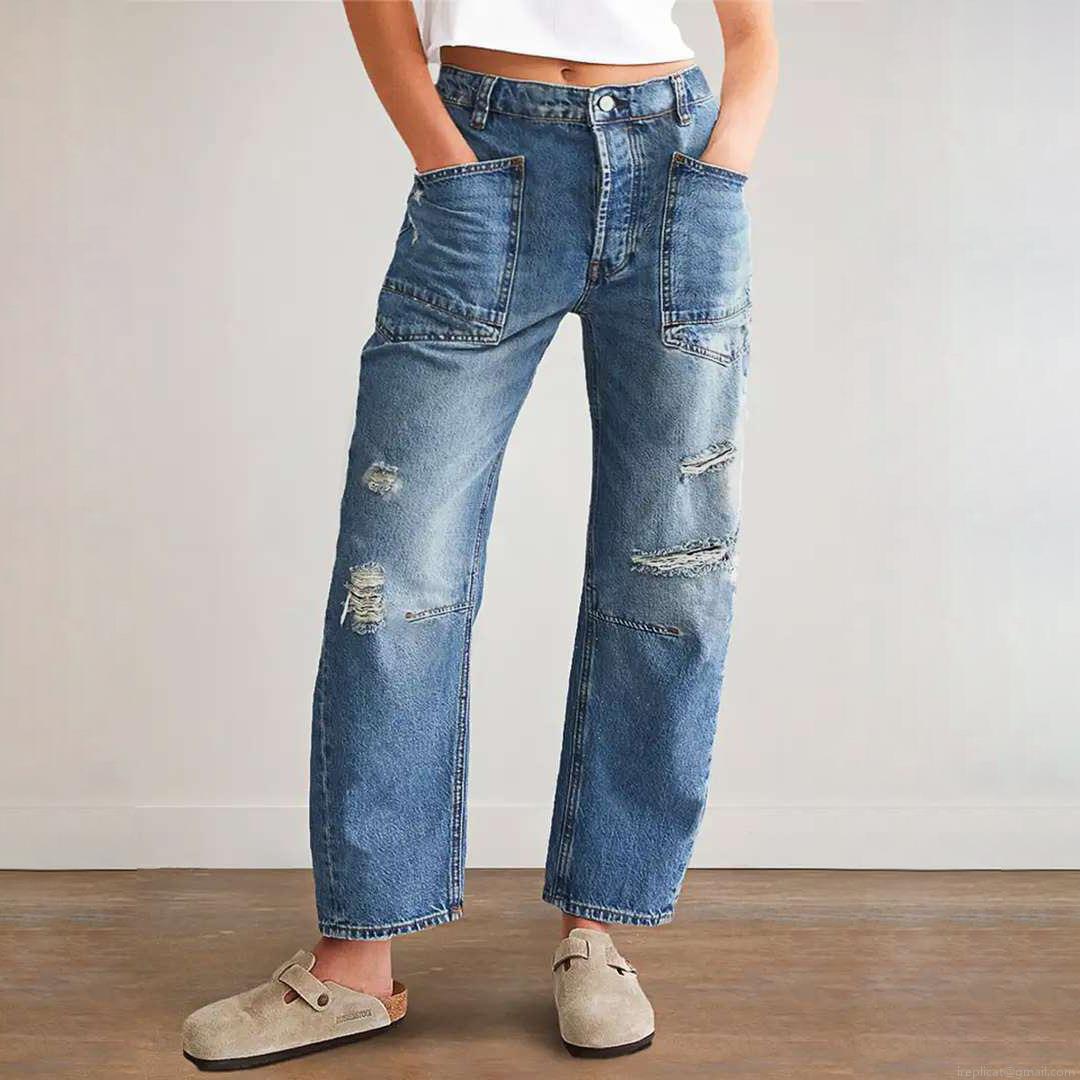Women's Distressed Ripped Jeans Vintage Patchwork Cotton Blend Denim High Waisted Straight Leg Pants Casual Streetwear Loose Fit Denim Trousers
