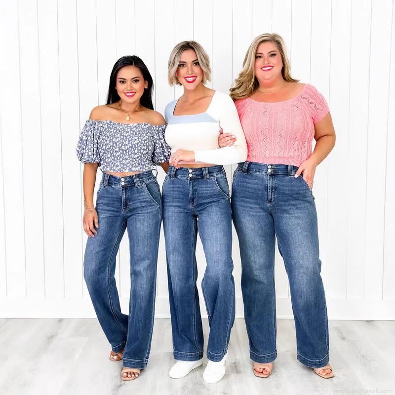 Women's High Waisted Straight Leg Jeans Cotton Blend Denim Double Button Wide Leg Stretch Washed Blue Long Denim Trousers For Women Casual Daily Wear