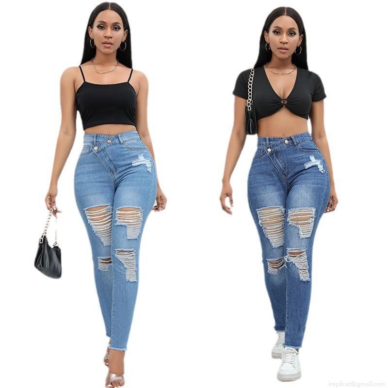 Women's Ripped Skinny Jeans High Stretch Denim Cotton Blend Asymmetrical High Waist Distressed Long Pants Streetwear Casual Slim Fit Trousers For Women