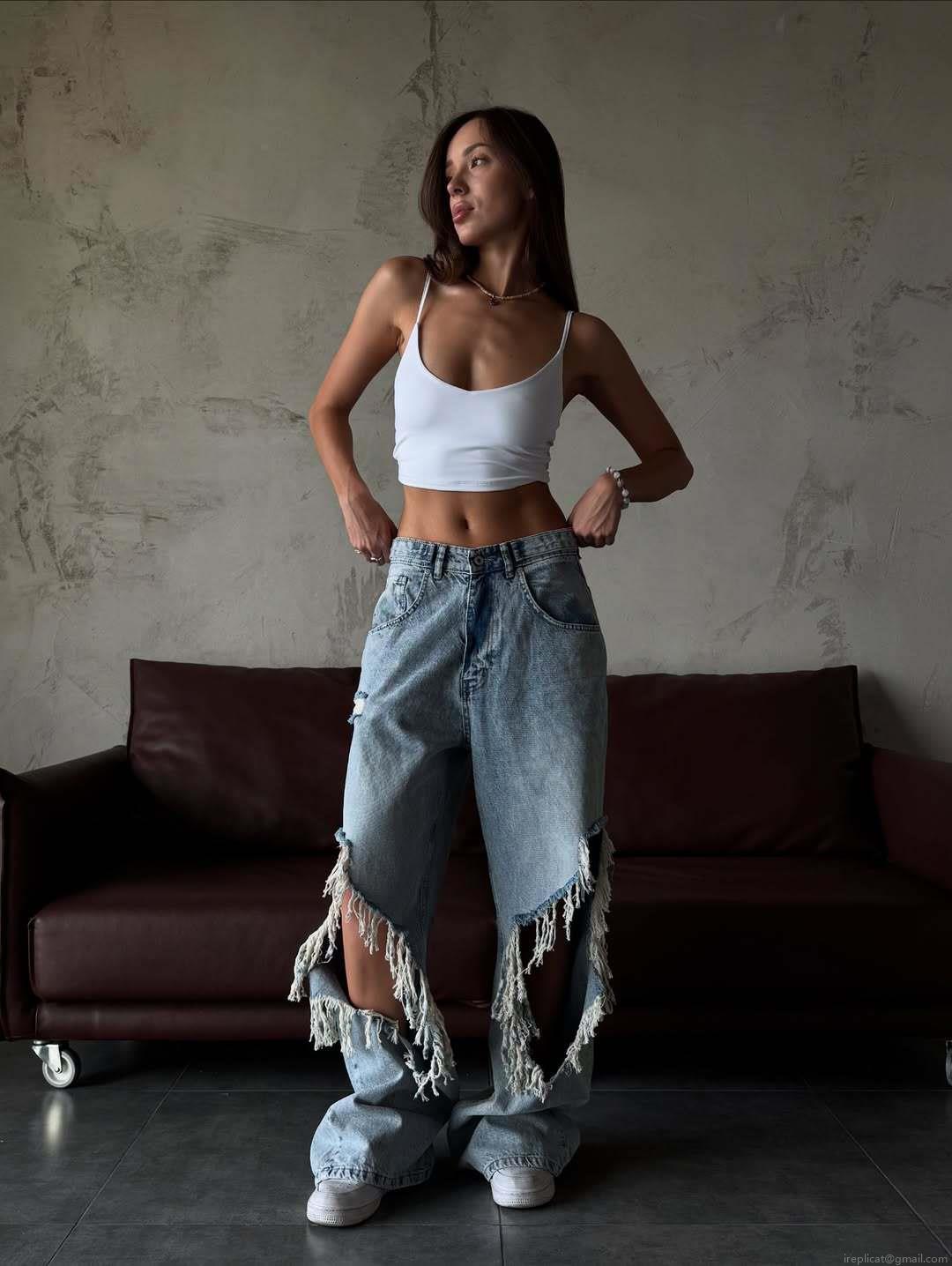 Women's High Waist Wide Leg Jeans 100% Cotton Ripped Distressed Fringed Denim Pants American Hip-Hop Streetwear Loose Baggy Casual Trousers