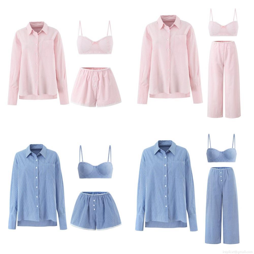 Women's Striped 3 Piece Loungewear Set Cotton Blend Long Sleeve Button Down Shirt Camisole Tank Top Lace Trim Shorts Casual Summer Home Pajamas Outfit