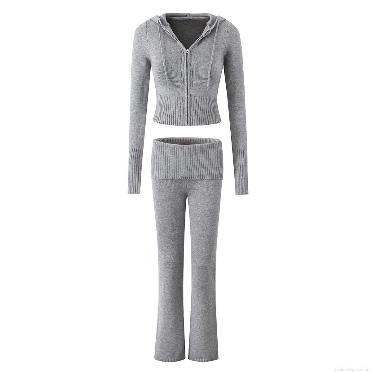 Women's Knit Lounge Set Zip Up Hooded Crop Top And Flare Legging Pants High Elastic Solid Color Ribbed Tracksuit Two Piece Outfits For Winter Autumn Streetwear Women's Knit Lounge Set Zip Up Hooded Crop Top And Flare Legging Pants High Elastic Solid Color Ribbed Tracksuit Two Piece Outfits For Winter Autumn Streetwear