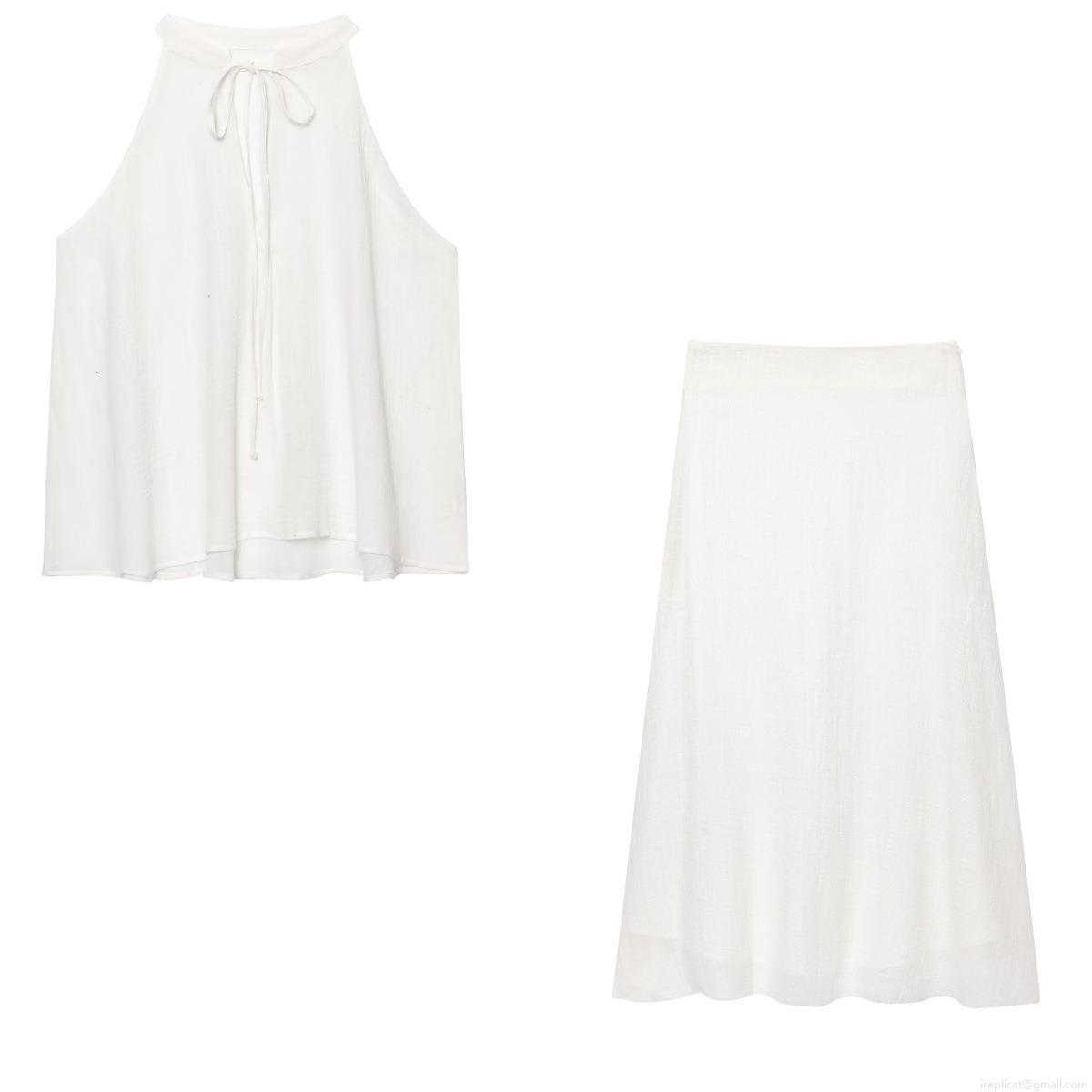 Summer Women Halter Neck Sleeveless Tie Top And High Waist Midi Skirt Two Piece Set Plain White Polyester Cotton Linen Blend Casual Outfits Summer Women Halter Neck Sleeveless Tie Top And High Waist Midi Skirt Two Piece Set Plain White Polyester Cotton Linen Blend Casual Outfits