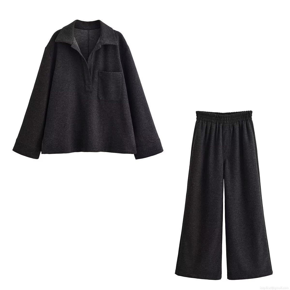 Women's Two Piece Lounge Set Casual Lapel Long Sleeve Polo Shirt Top And High Waist Wide Leg Pants Set Solid Color Thick Woolen Texture Autumn Winter Tracksuit For Women