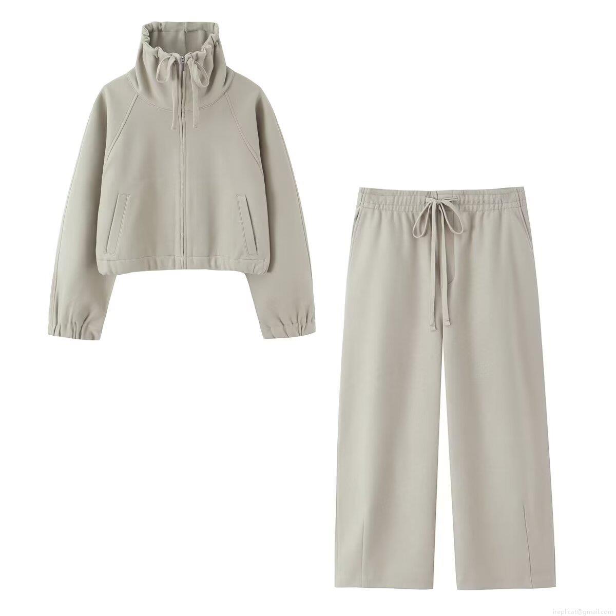 Women's Casual Loungewear Set Solid Color Stand Collar Zipper Hoodie Sweatshirt And High Waist Wide Leg Long Pants Two Piece Knit Winter Outfit