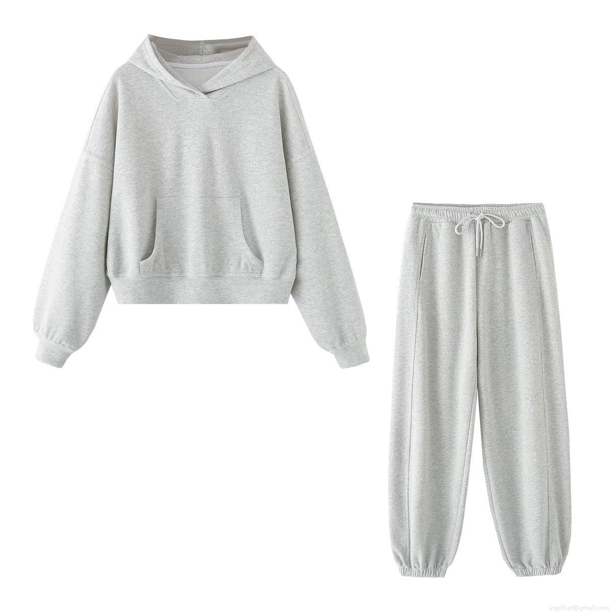 Women's Casual Hoodie and Jogger Set Heather Grey Polyester Spandex Solid Color Long Sleeve Hooded Sweatshirt Drawstring Sweatpants For Running Sports Loungewear