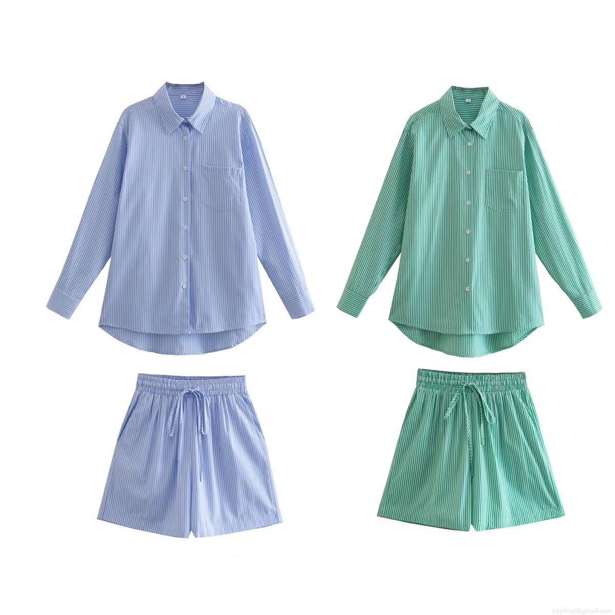Women Striped Casual Two-Piece Set 100% Polyester Long Sleeve Lapel Button Shirt And Drawstring Shorts Homewear Loungewear Suit For Summer Spring Women Striped Casual Two-Piece Set 100% Polyester Long Sleeve Lapel Button Shirt And Drawstring Shorts Homewear Loungewear Suit For Summer Spring