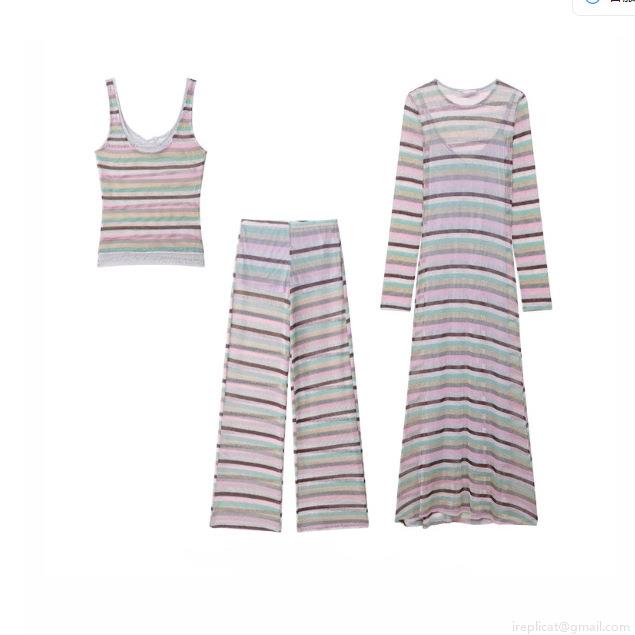 Women Multi-Color Horizontal Stripe Knit 3-Piece Set Sleeveless Cami Top High Waist Wide Leg Pants Long Sleeve Maxi Dress Sweet Casual Vacation Outfit Women Multi-Color Horizontal Stripe Knit 3-Piece Set Sleeveless Cami Top High Waist Wide Leg Pants Long Sleeve Maxi Dress Sweet Casual Vacation Outfit