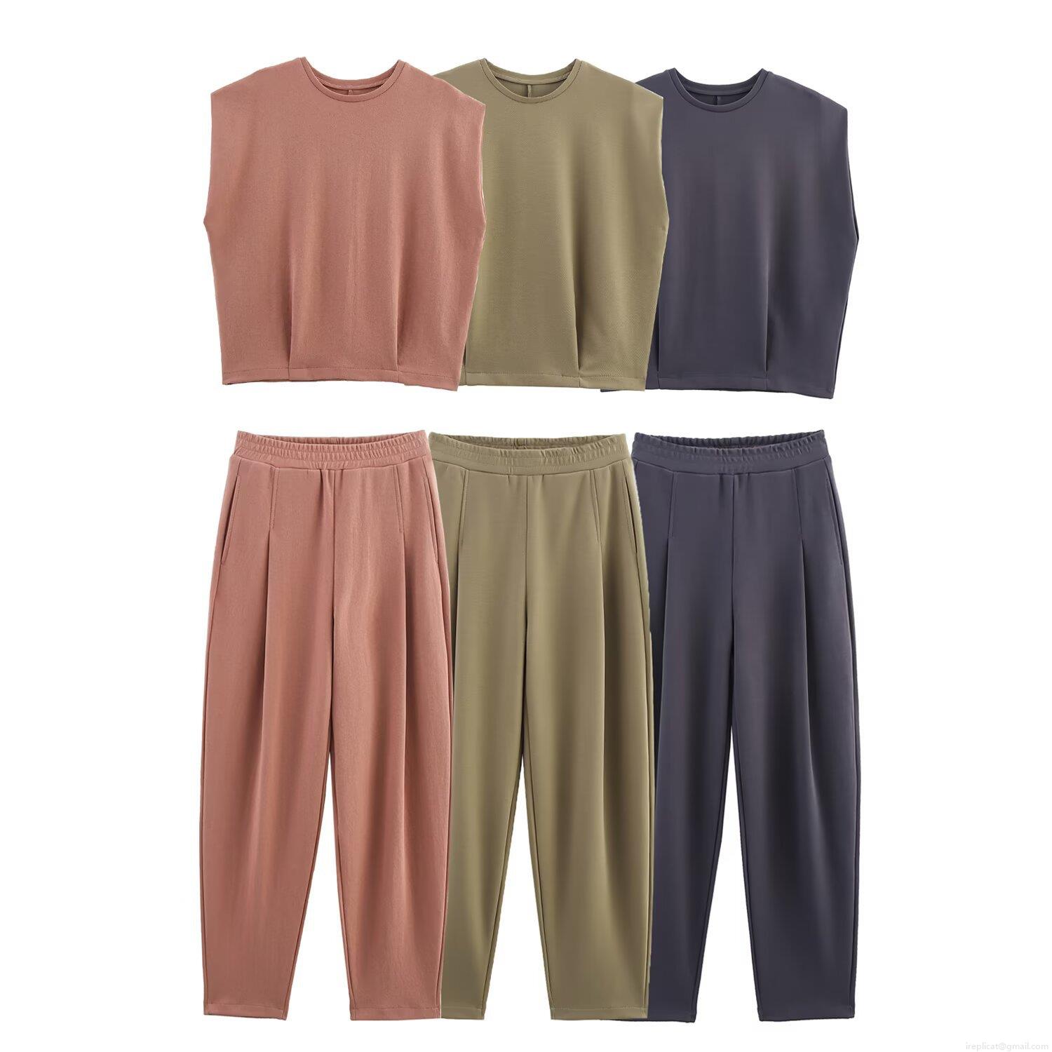 Women Washed Two Piece Loungewear Set Sleeveless Round Neck Padded Shoulder Top And High Waist Pleated Pants Streetwear Casual Solid Color Tracksuit Women Washed Two Piece Loungewear Set Sleeveless Round Neck Padded Shoulder Top And High Waist Pleated Pants Streetwear Casual Solid Color Tracksuit