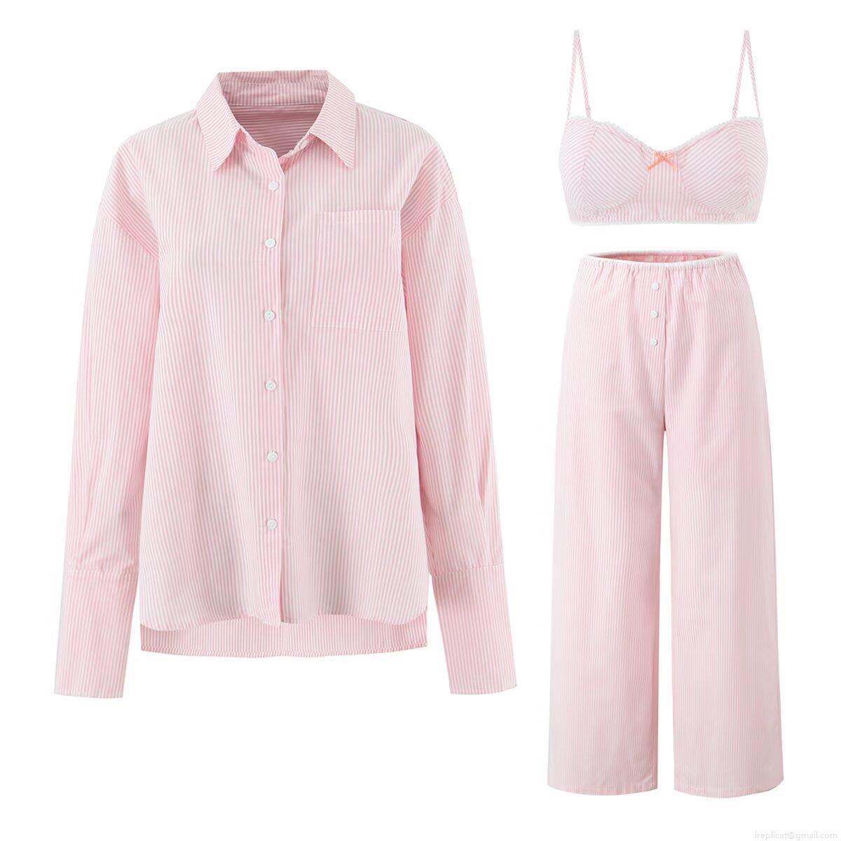 Women's 100% Cotton Striped Loungewear Set 3-Piece Casual Summer Pajama Suit With Long Sleeve Button Shirt Camisole Shorts And Wide Leg Pants For Women Nightwear Women's 100% Cotton Striped Loungewear Set 3-Piece Casual Summer Pajama Suit With Long Sleeve Button Shirt Camisole Shorts And Wide Leg Pants For Women Nightwear