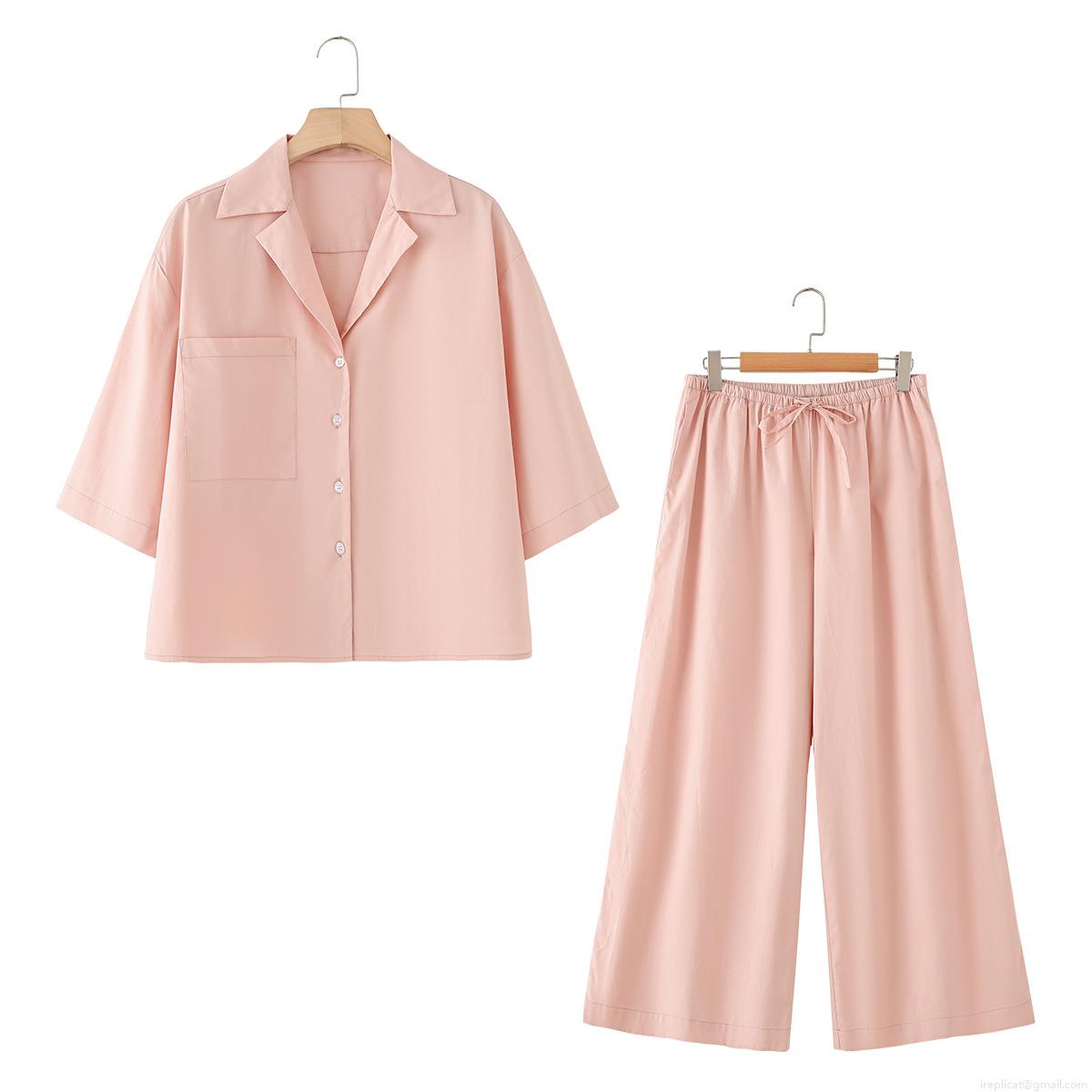 Women's 100% Cotton Two Piece Set Short Sleeve Lapel Button Up Shirt And High Waist Wide Leg Pants Loungewear Casual Loose Pajama Set Summer Clothing Women's 100% Cotton Two Piece Set Short Sleeve Lapel Button Up Shirt And High Waist Wide Leg Pants Loungewear Casual Loose Pajama Set Summer Clothing