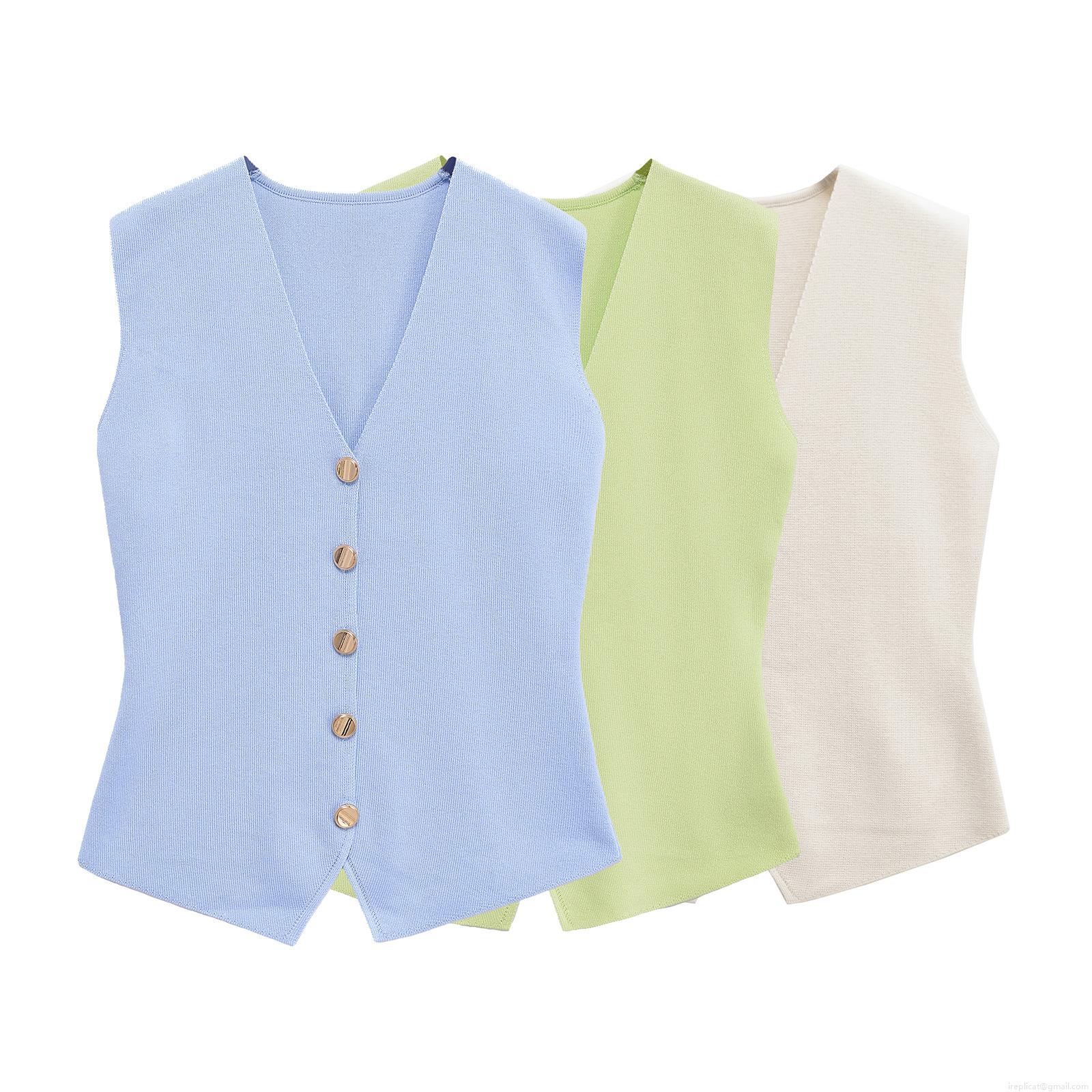 Women's Casual Elegant Knit V-Neck Vest And Pleated Patchwork Long Skirt Set With Gold Buttons Sleeveless Knitwear Waistcoat And High Waist Flowy Skirt For Women Streetwear