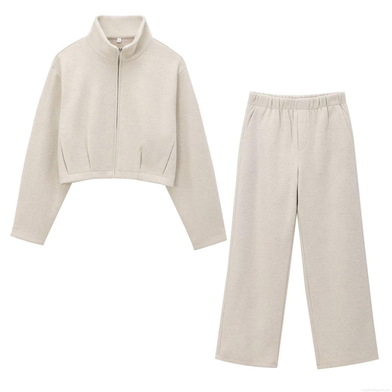 Women's Casual Loungewear Two Piece Set Soft Stand Collar Zipper Short Jacket And High Waist Wide Leg Straight Pants Milky White Streetwear Outfit Women's Casual Loungewear Two Piece Set Soft Stand Collar Zipper Short Jacket And High Waist Wide Leg Straight Pants Milky White Streetwear Outfit