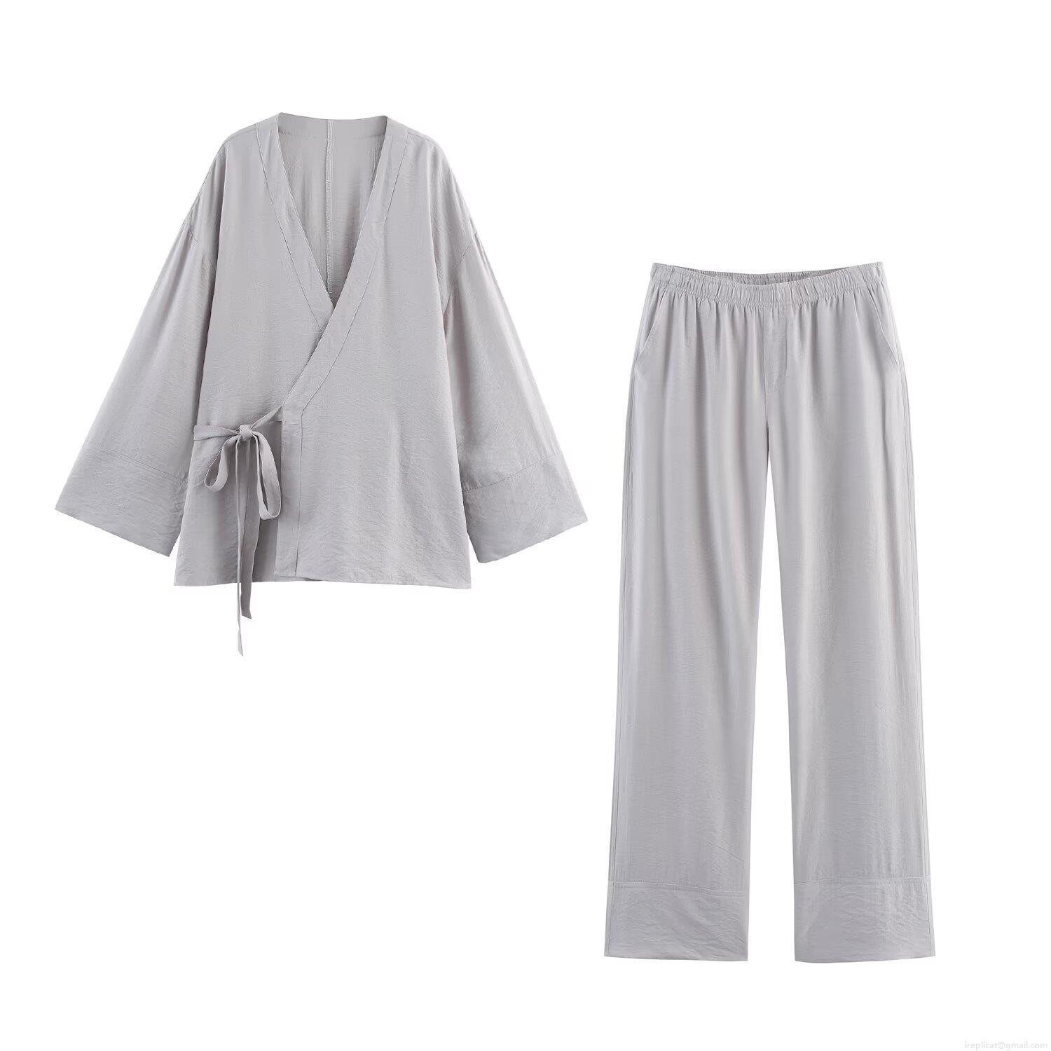 Women's Casual Loungewear Set Kimono Style Wrap Top And Wide Leg Pants Solid Color Cotton Blend Two Piece Outfits For Women Home Streetwear Women's Casual Loungewear Set Kimono Style Wrap Top And Wide Leg Pants Solid Color Cotton Blend Two Piece Outfits For Women Home Streetwear