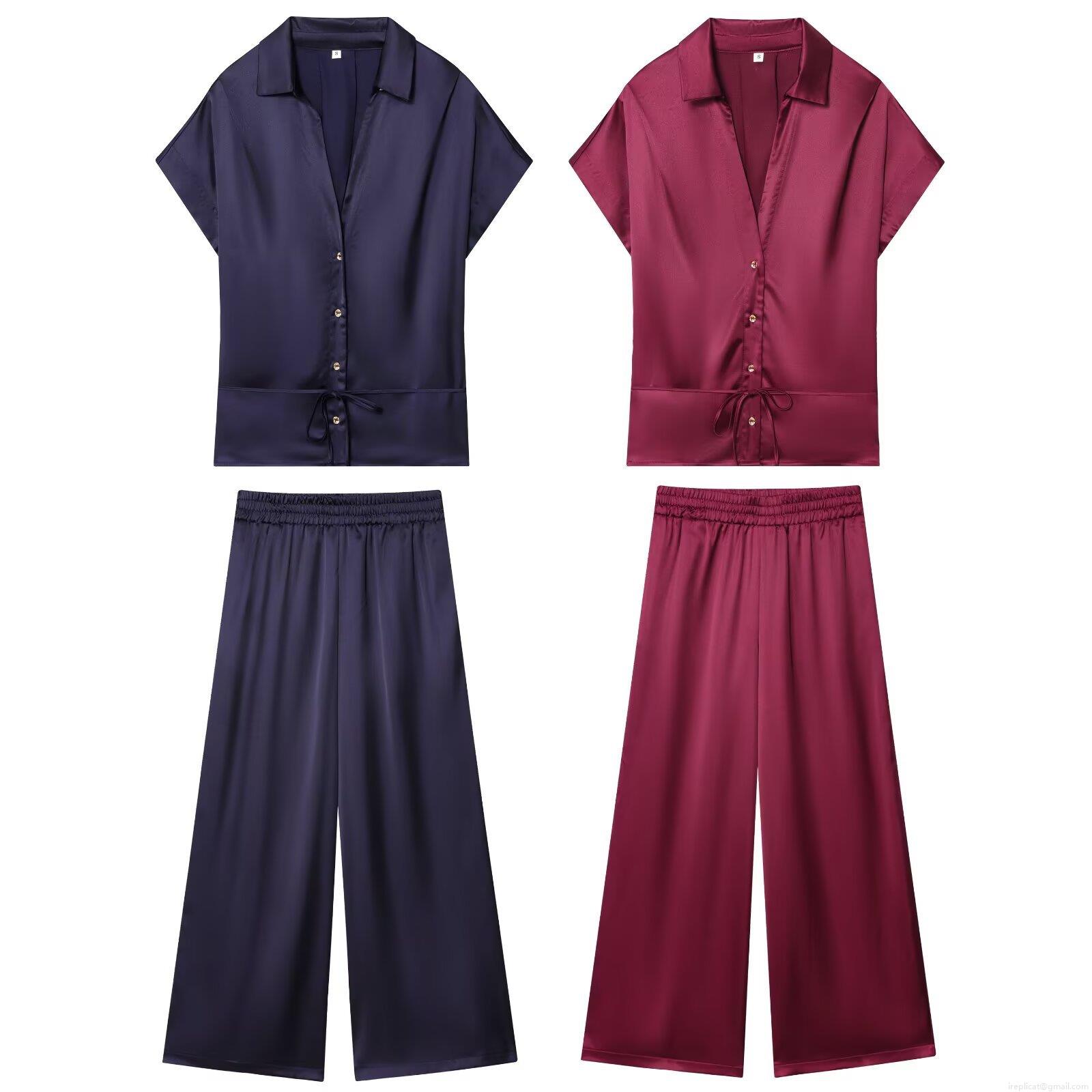 Women's Elegant Satin Silk-Like Short Sleeve V-Neck Shirt And Wide Leg Pants Two Piece Set Casual Loose Streetwear Loungewear Suit With Waist Tie Women's Elegant Satin Silk-Like Short Sleeve V-Neck Shirt And Wide Leg Pants Two Piece Set Casual Loose Streetwear Loungewear Suit With Waist Tie