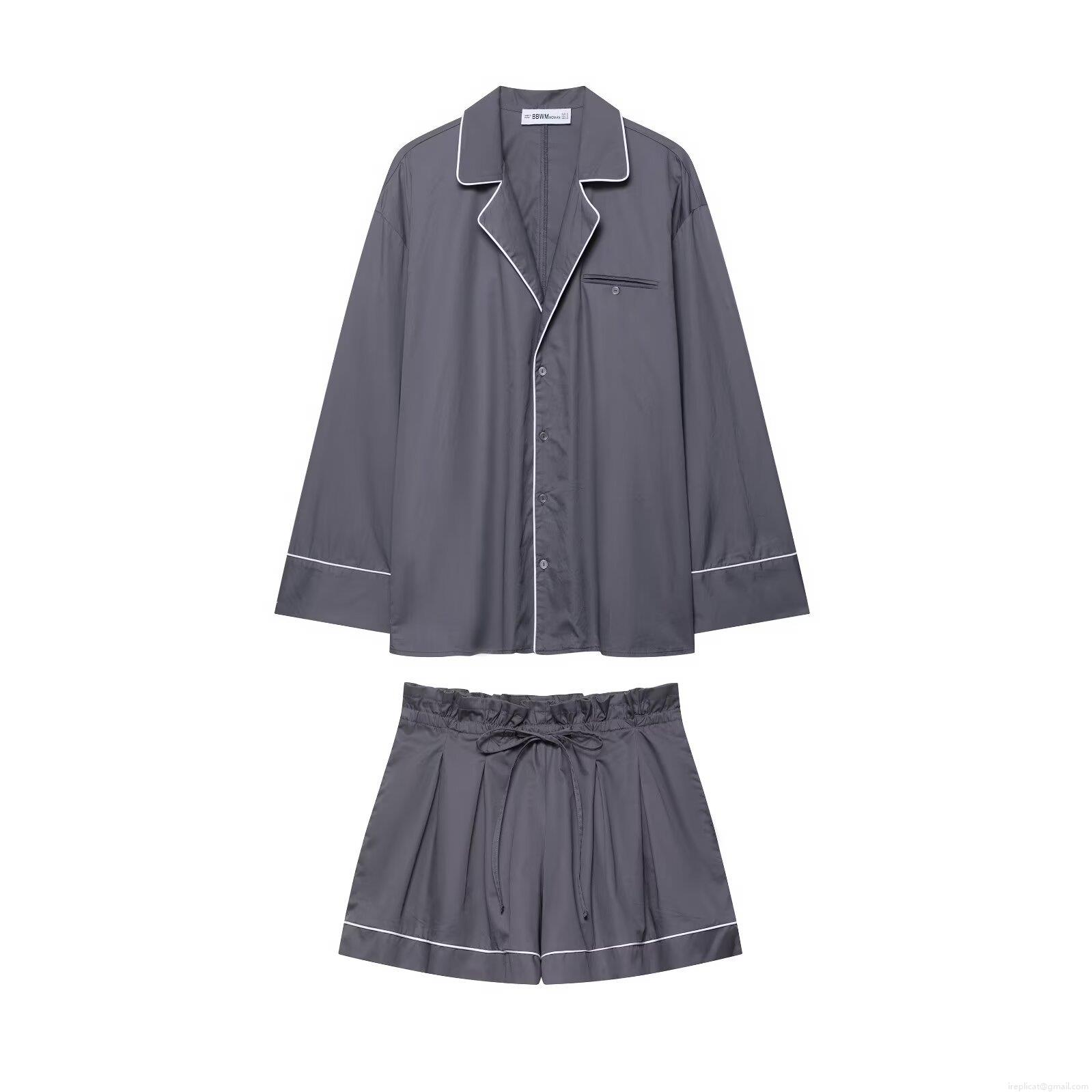 Women's Casual Long Sleeve Piping Poplin Shirt And Paperbag Waist Shorts Loungewear Set Solid Color Loose Two Piece Home Wear For Women Women's Casual Long Sleeve Piping Poplin Shirt And Paperbag Waist Shorts Loungewear Set Solid Color Loose Two Piece Home Wear For Women