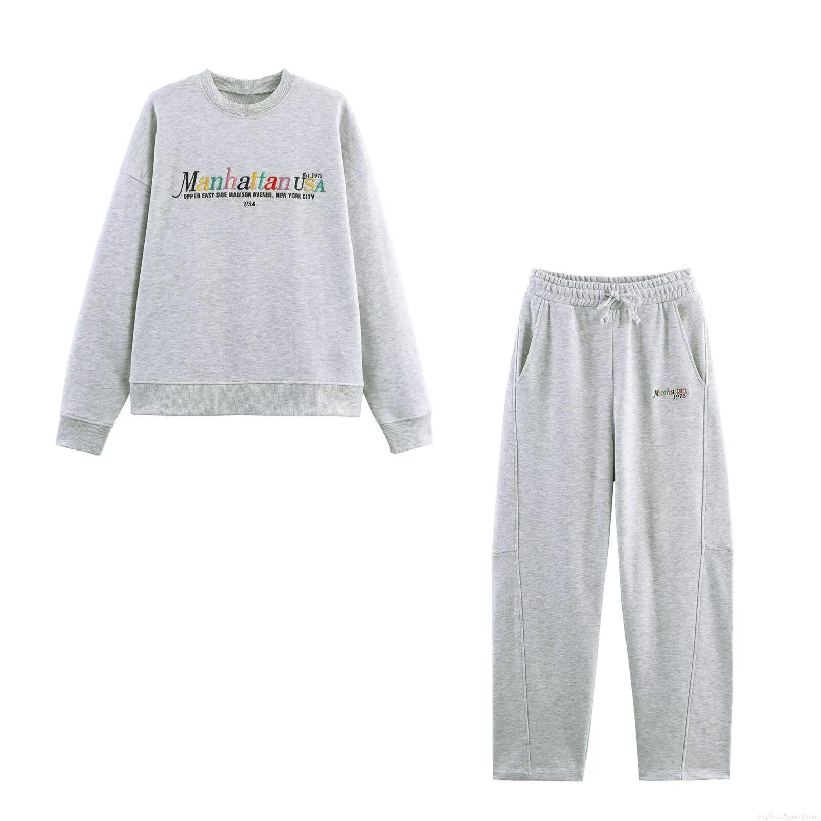 Women's Manhattan USA Embroidery Long Sleeve Sweatshirt and High Waist Jogger Pants Two Piece Set Casual Polyester Loungewear Tracksuit For Women