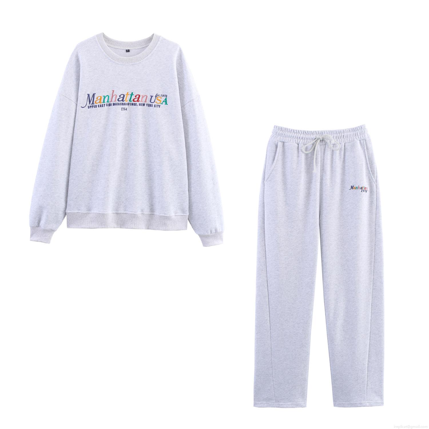 Women's Casual Grey Sweatshirt and Sweatpants Set Manhattan USA Letter Print Long Sleeve Crew Neck Loungewear Jogger Set Cotton Blend 2 Piece Outfit Women's Casual Grey Sweatshirt and Sweatpants Set Manhattan USA Letter Print Long Sleeve Crew Neck Loungewear Jogger Set Cotton Blend 2 Piece Outfit