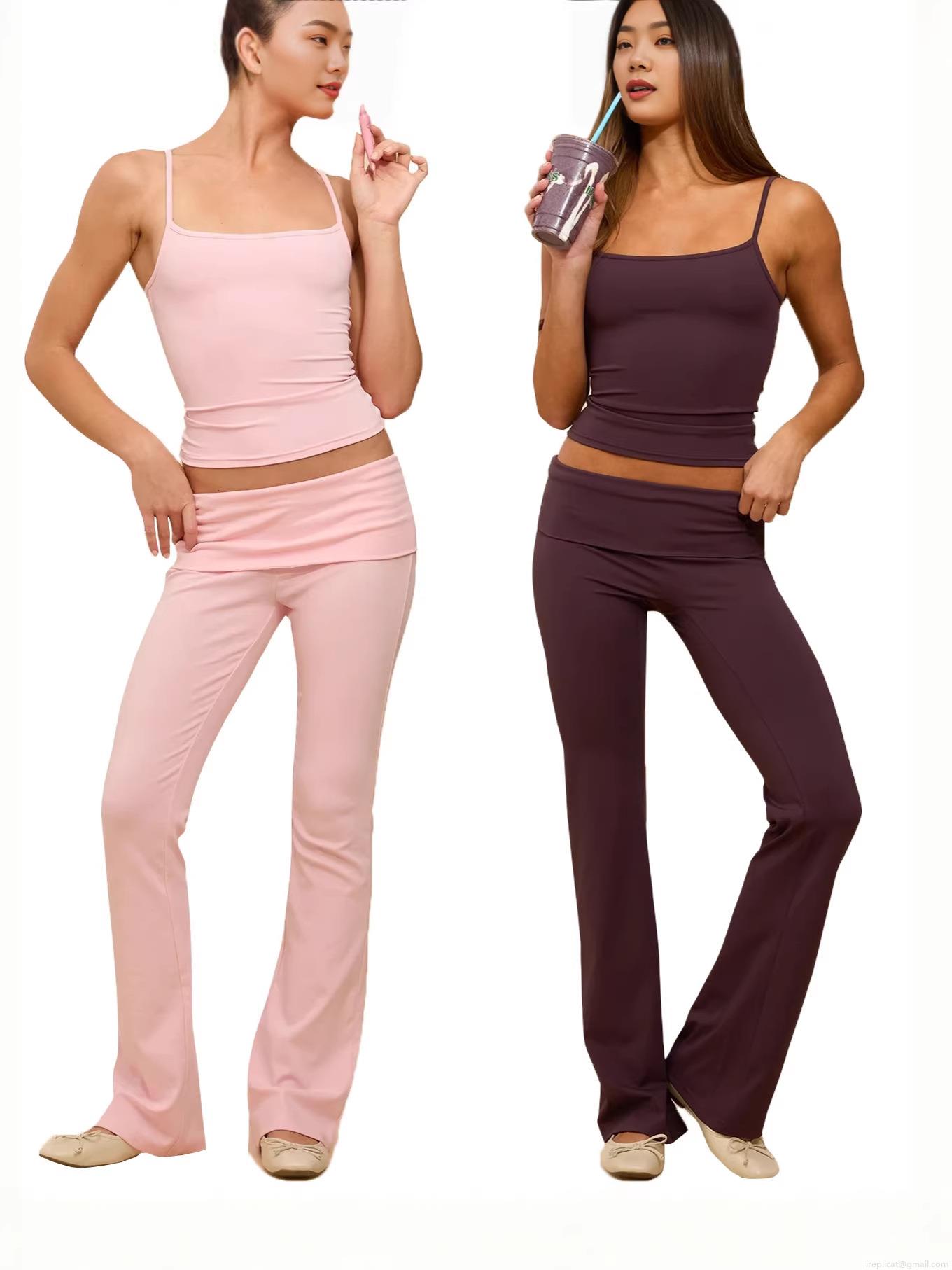 Women's Two Piece Outfits Casual Cami Spaghetti Strap Tank Top Fold-Over High Waist Flare Leg Pants Set Milk Silk Solid Color Slim Fit Yoga Lounge Set