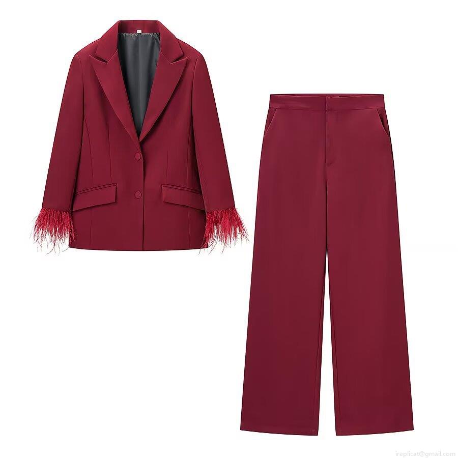 Elegant Women's Wine Red Feather Trim Blazer And Pants Set Loose Fit Polyester Two Piece Suit For Party Formal Professional Lady Wear