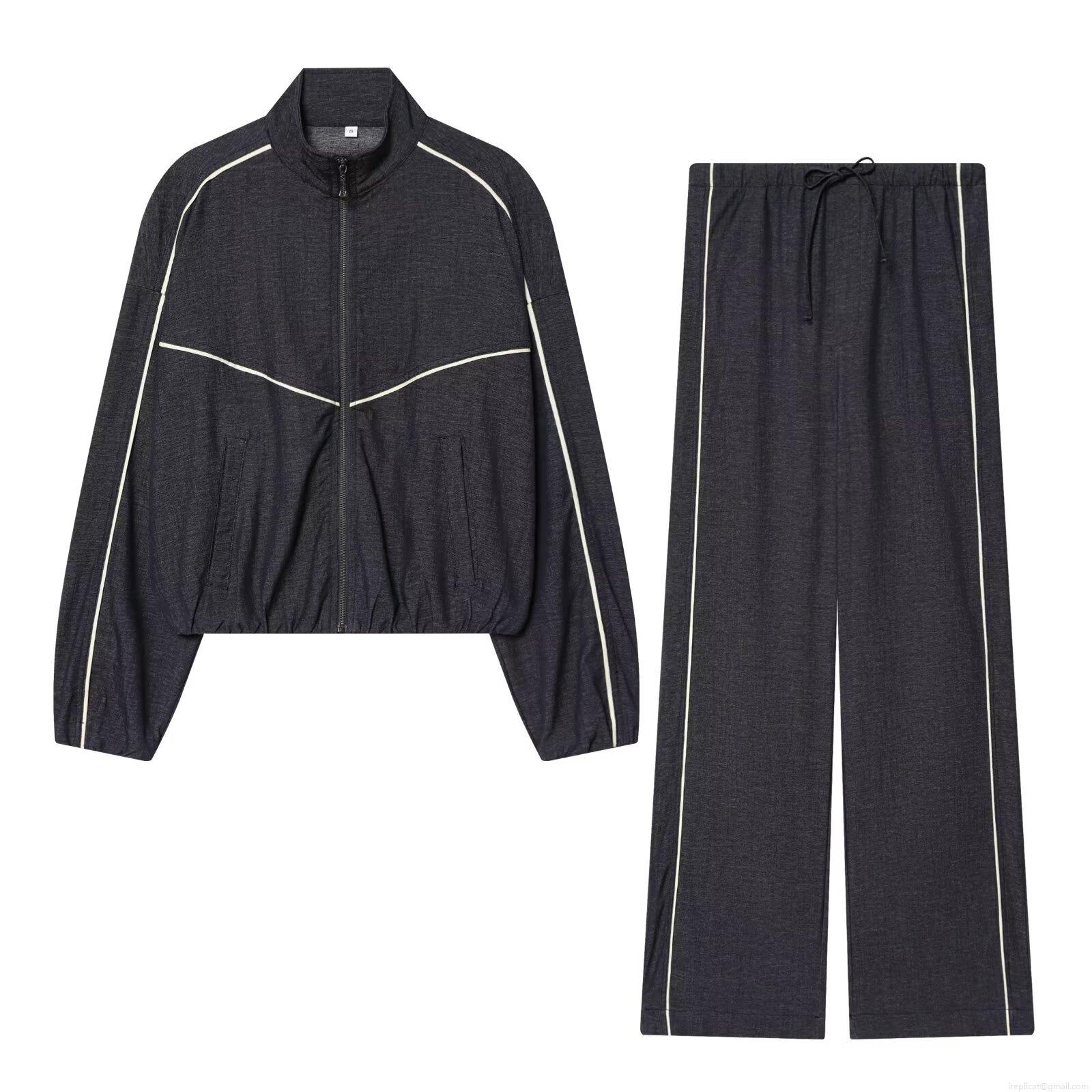 Women Oversized Denim Two Piece Set Contrast Stripe Zip Up Stand Collar Jacket and Wide Leg Pants Casual Streetwear Tracksuit Dark Grey
