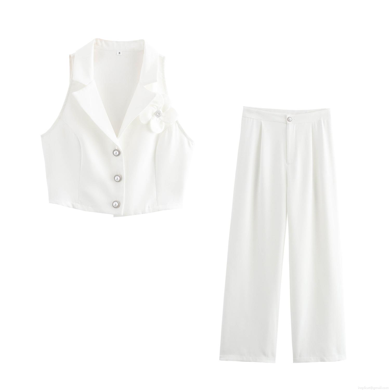 Women's Elegant 2 Piece Pants Set White Sleeveless Vest Top With 3D Flower Decoration High Waist Wide Leg Trousers Suit For Office Commuter Lady Fashion Outfit
