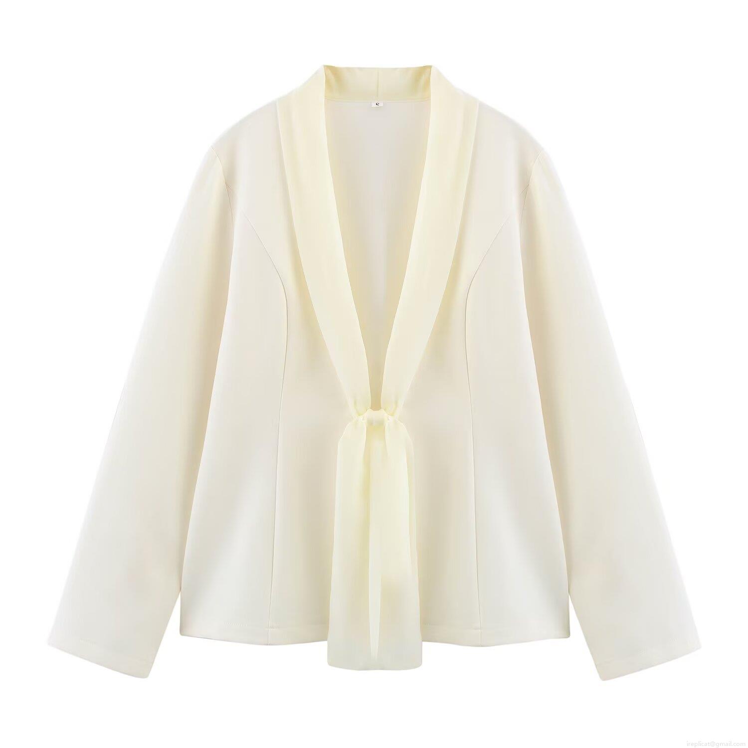 Women's 2 Piece Elegant Office Blazer Set With Chiffon Tie Neck Long Sleeve Blazer And Straight Leg Suit Pants Solid Color Business Professional Outfit For Women