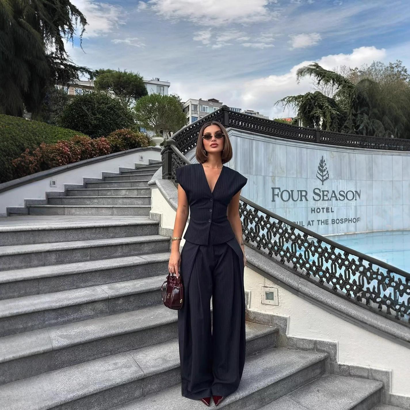 Women's V Neck Sleeveless Vest And Wide Leg Pants Two Piece Set Striped Solid Commuter Professional Office Lady Suit With Belt