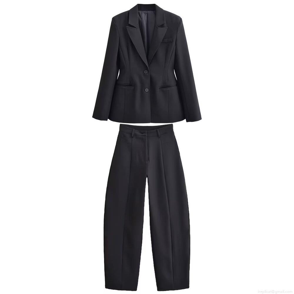 Women's 2-Piece Professional Business Suit Set Solid Color Slim Fit Notched Lapel Blazer and High Waist Wide Leg Trousers for Office Workwear Street Style