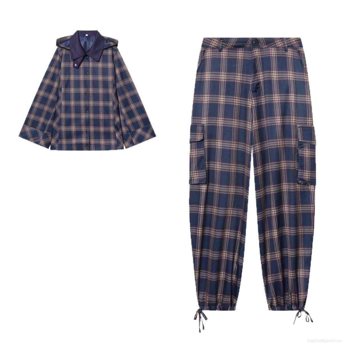 Women's Plaid 2 Piece Outfits Hooded Button Up Jacket And Cargo Pants Set Streetwear Casual Polyester Tracksuit Spring Autumn Clothing