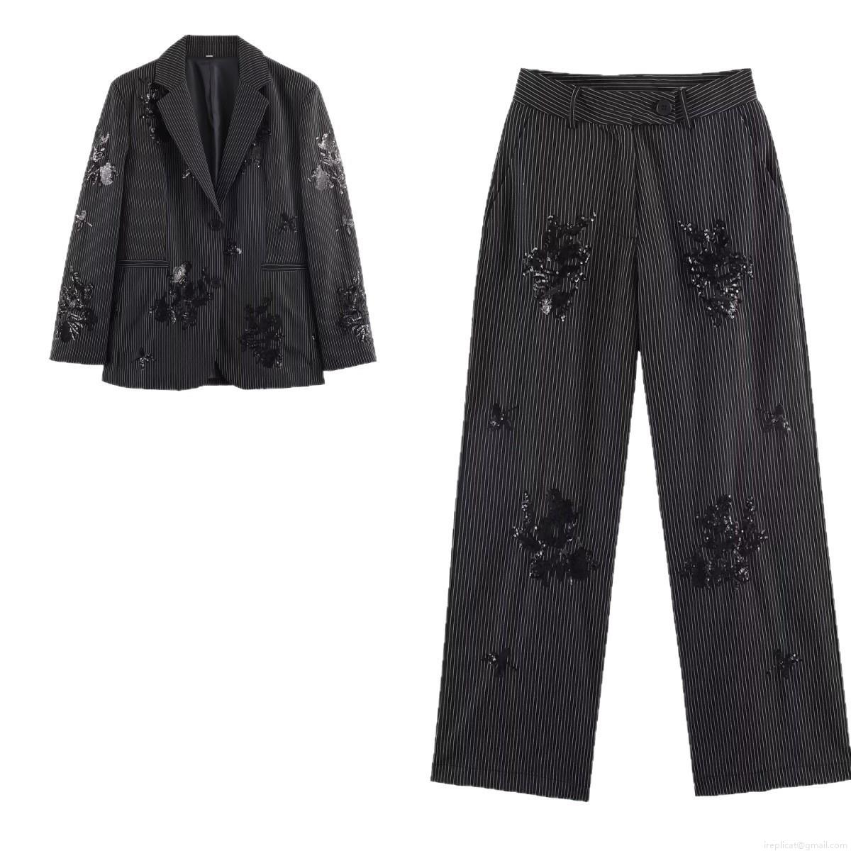 Women's Fashion Sequin Floral Embroidery Striped Blazer and Pants Set Elegant Notch Lapel Jacket Two Piece Suit Streetwear Business Casual Trousers Set