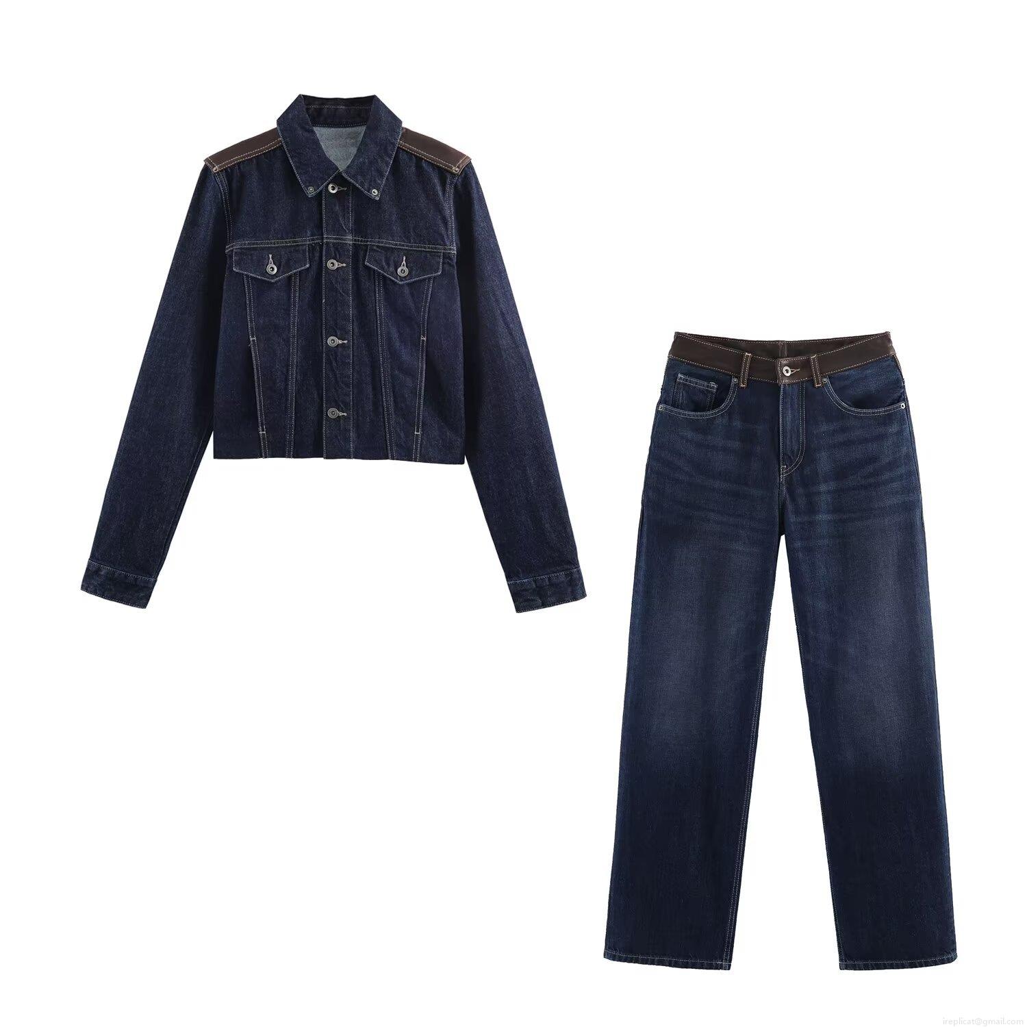 Women's Denim Jacket and Pants Two-Piece Set Leather Patchwork Dark Blue Streetwear Casual Spring Autumn Denim Outfit With Metal Buttons