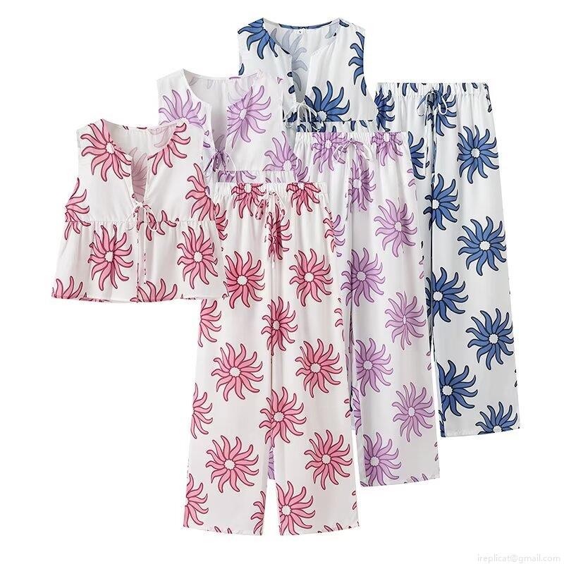 Women's 2 Piece Casual Outfits Sunflower Printed V Neck Sleeveless Tie Front Crop Top And Wide Leg Long Pants Set Summer Streetwear
