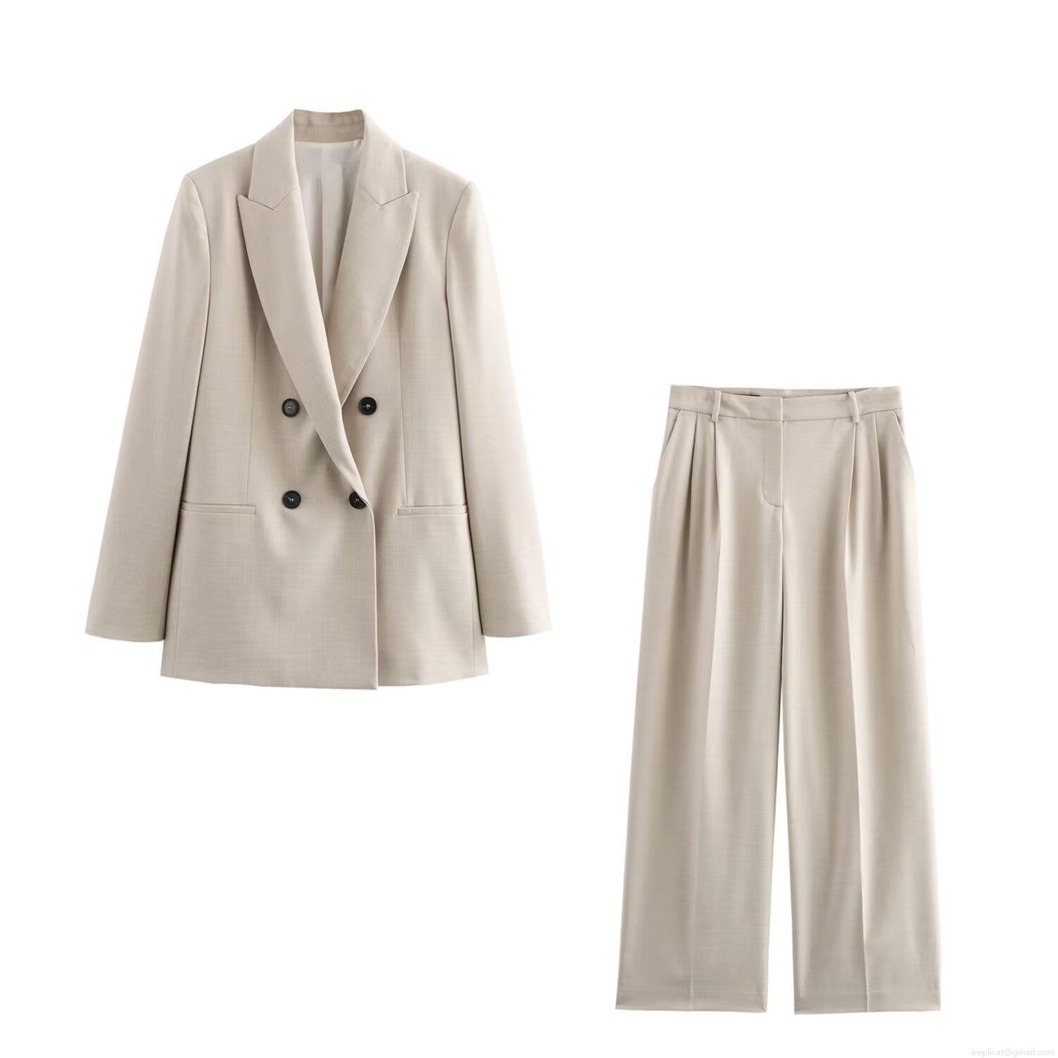 Women's 2-Piece Suit Set Elegant Double Breasted Blazer And High Waisted Wide Leg Pants Business Office Commute Outfit Streetwear Set For Ladies Beige Oatmeal