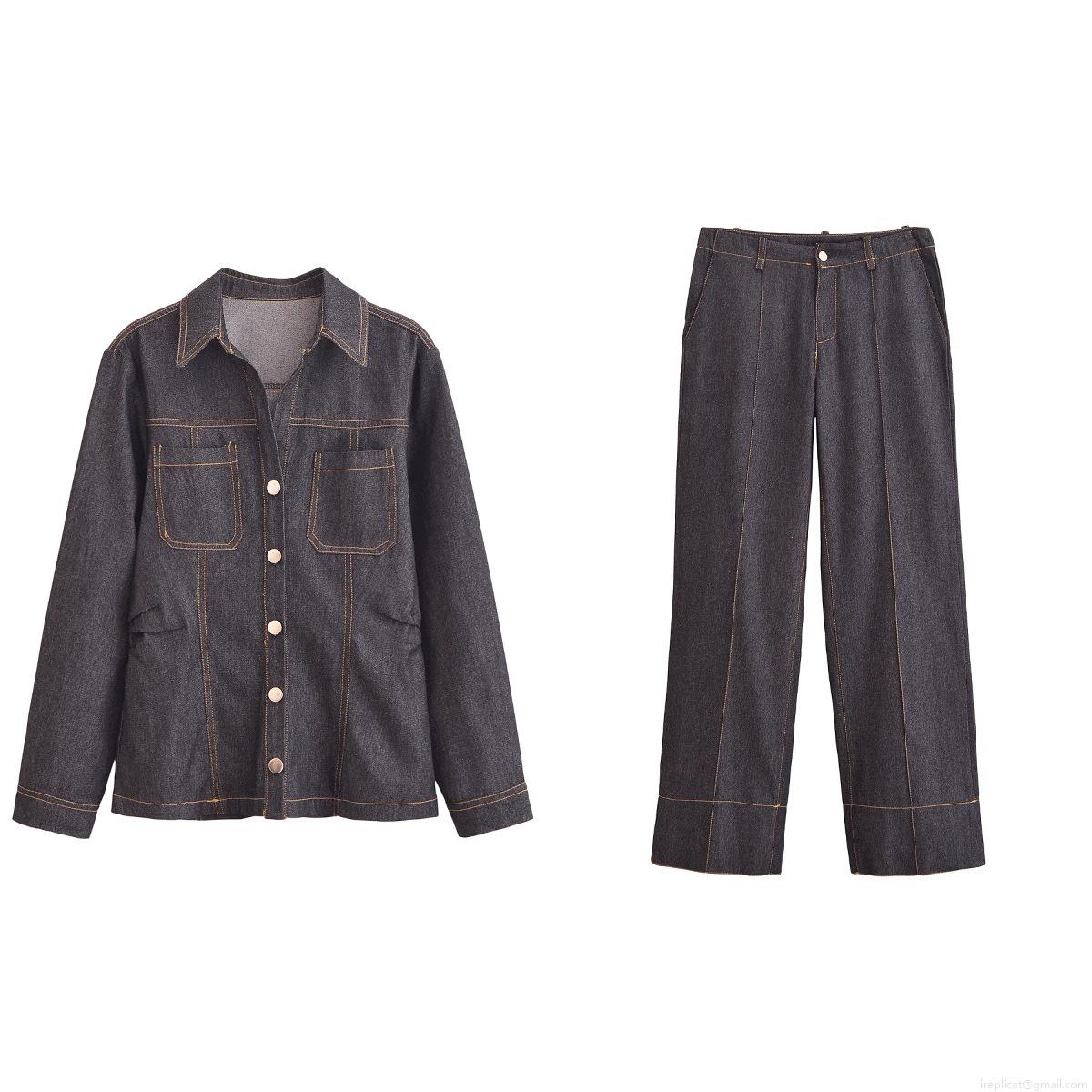 Women's 2-Piece Denim Style Set Contrast Stitching Long Sleeve Button Down Shirt And Wide Leg Pants Casual Streetwear Outfits For Spring Autumn