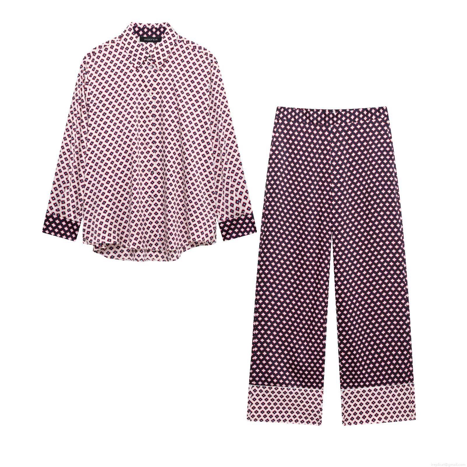 Women's Fashion Geometric Print Polyester Blended Shirt and Wide Leg Pants Set Elegant Satin Texture Long Sleeve Button Down Blouse and Elastic Waist Trousers Two Piece Outfits for Streetwear Clubwear