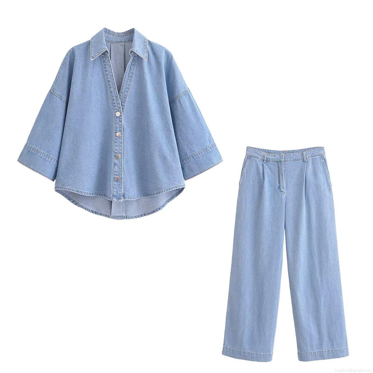 Women's Casual Denim 2 Piece Set Loose Dropped Shoulder Button Shirt And High Waist Wide Leg Pants Washed Cotton Denim Pants Suits For Women Streetwear