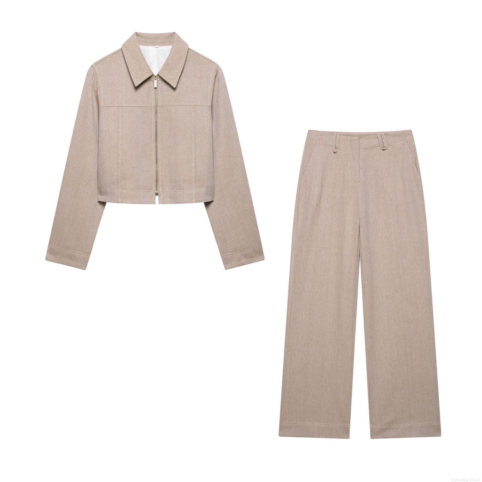 Women's 2 Piece Pants Set Polyester Herringbone Cropped Zipper Jacket High Waist Wide Leg Trousers Casual Streetwear Outfits for Spring Autumn