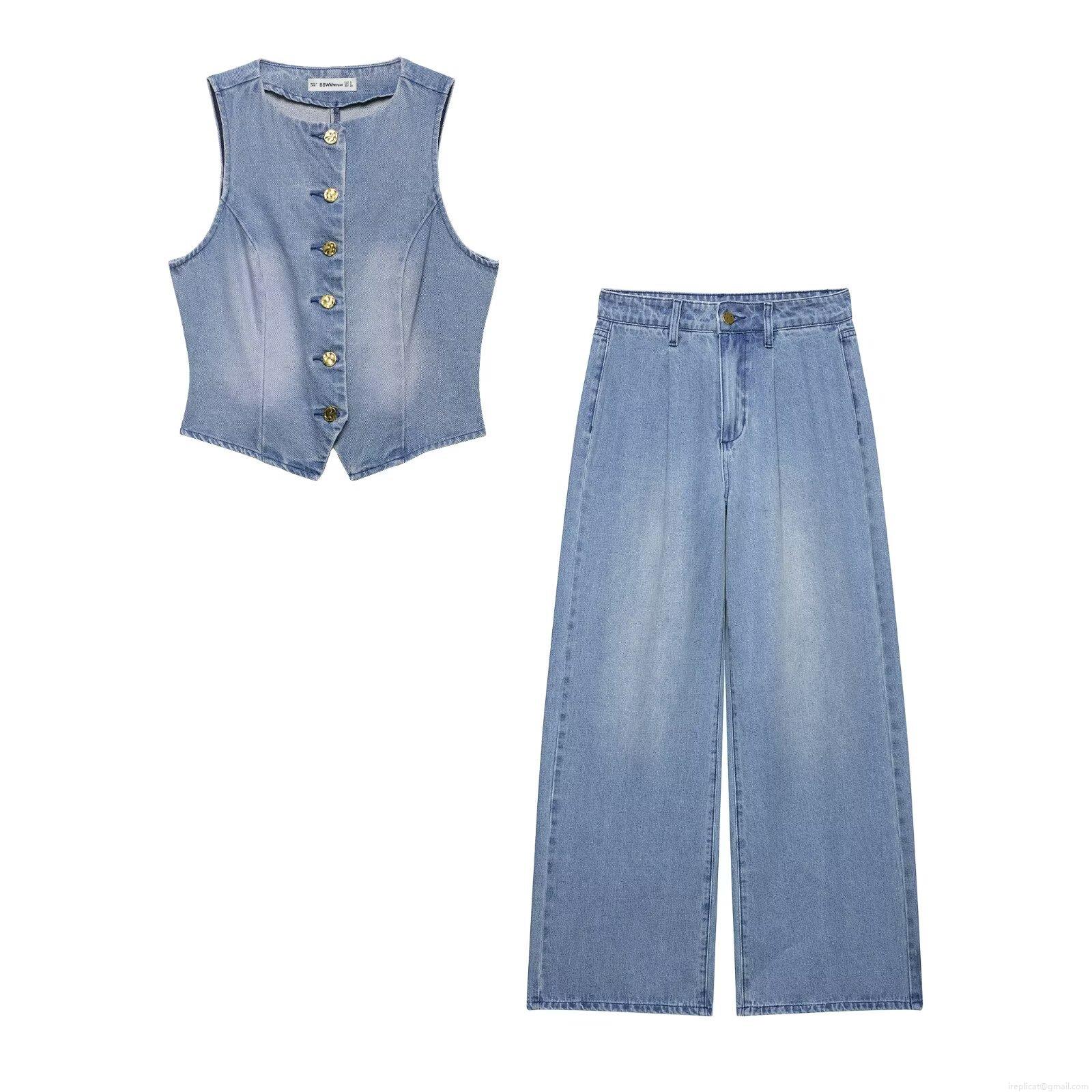 Women Western Style Light Blue Polyester Denim Vest and Wide Leg Pants Two Piece Set Button Down Sleeveless Top and High Waist Denim Trousers Casual Outfits