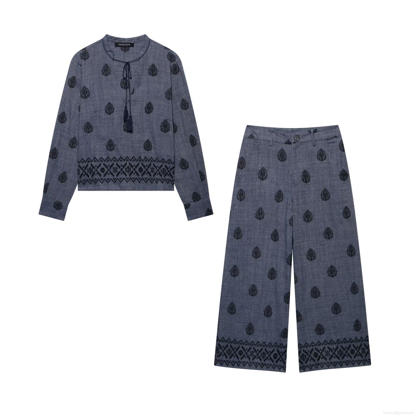 Women's Ethnic Embroidered Two Piece Set V-Neck Lace Up Tassel Long Sleeve Top And High Waist Wide Leg Pants Boho Casual Polyester Blend Streetwear Outfit Women's Ethnic Embroidered Two Piece Set V-Neck Lace Up Tassel Long Sleeve Top And High Waist Wide Leg Pants Boho Casual Polyester Blend Streetwear Outfit