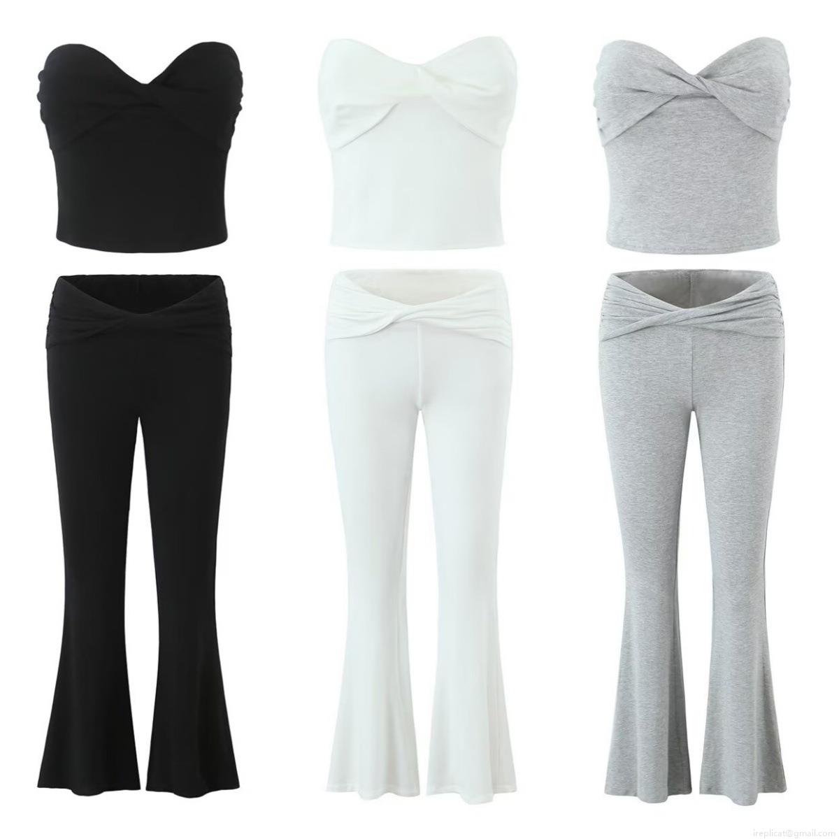 Women's Sexy Twist Knot Tube Top and High Waist Flare Pants Set 2 Piece Rayon Spandex Ribbed Knit Streetwear Summer Outfits