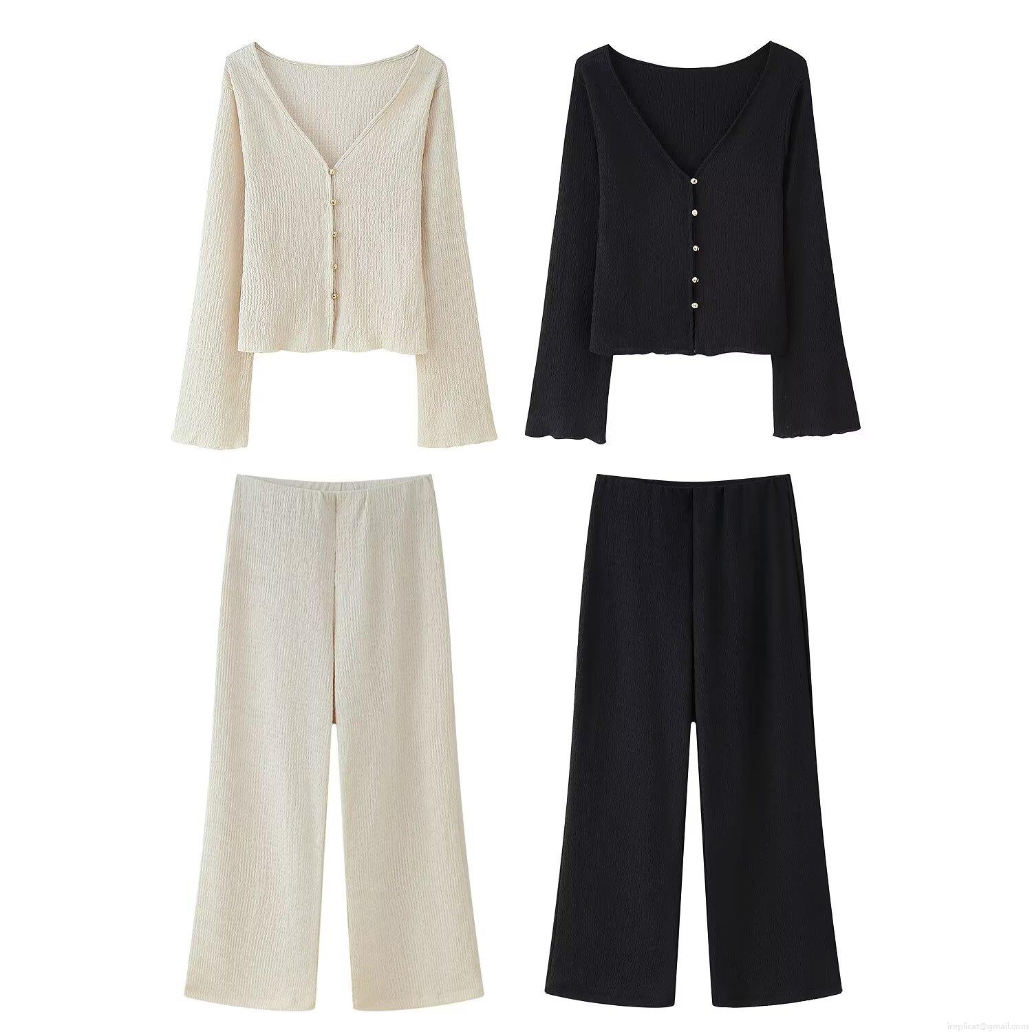 Women's 2 Piece Outfits V-Neck Long Sleeve Single-Breasted Plisse Cardigan and Wide Leg Pants Set Solid Color Casual Streetwear Clothing Sets