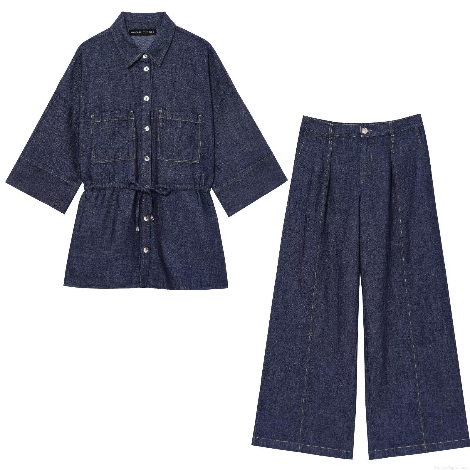 Women's Denim Shirt And Wide Leg Pants Two-Piece Set Polyester Denim Waist Drawstring Streetwear Casual Daily Outfit Ladies High Waist Clothing