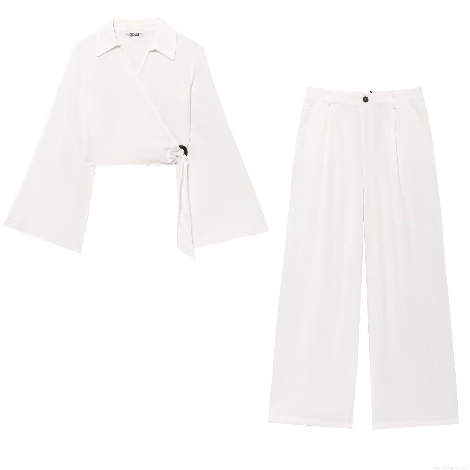Women's Elegant 2 Piece Pants Set Long Sleeve V Neck Wrap Crop Top And High Waist Wide Leg Trousers Summer Casual Solid Color Streetwear Cotton Blend Polyester Outfit