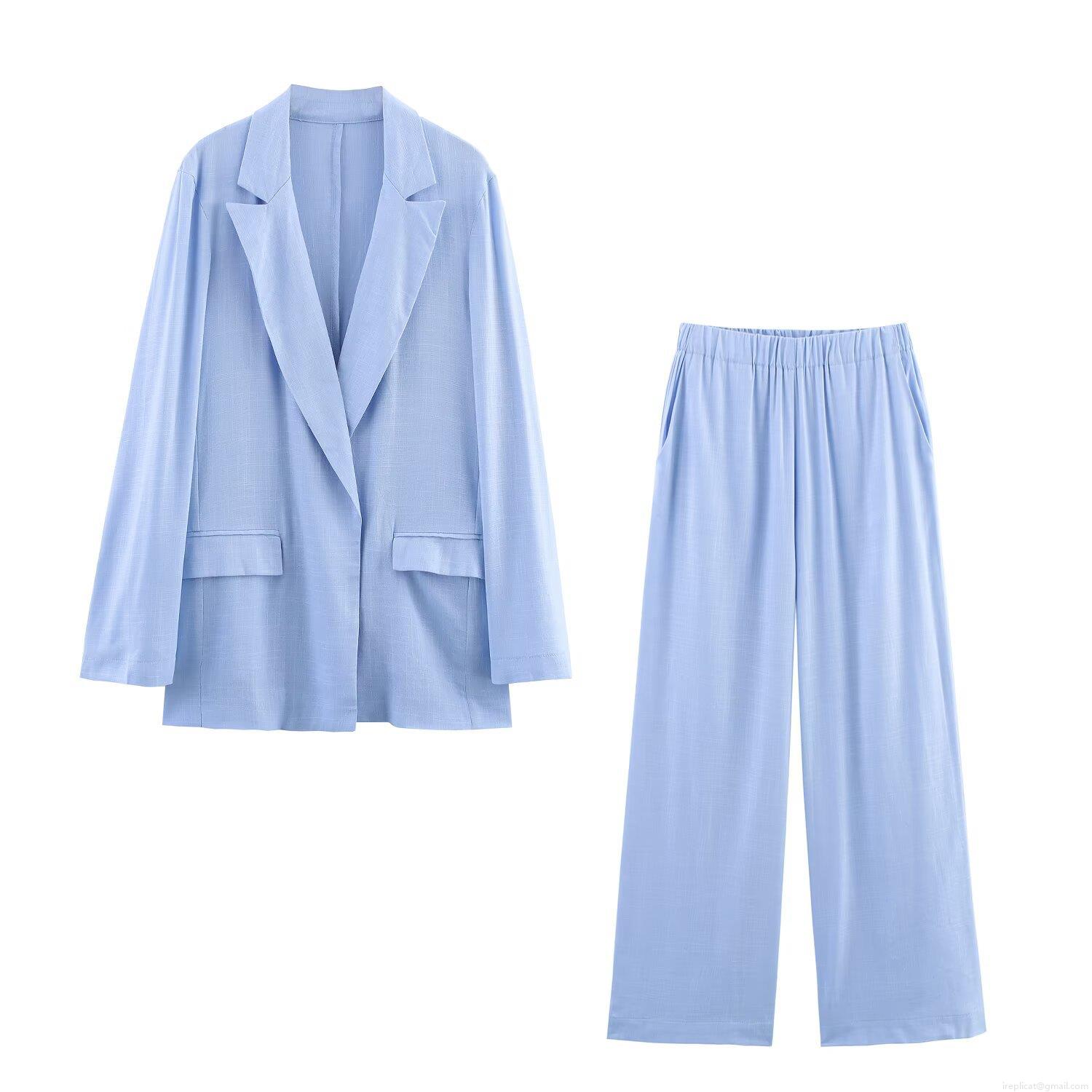 Women's Casual Notch Lapel Long Sleeve Blazer And Wide Leg Pants Two Piece Set Polyester Linen Texture European Streetwear Office Lady Suit For Autumn