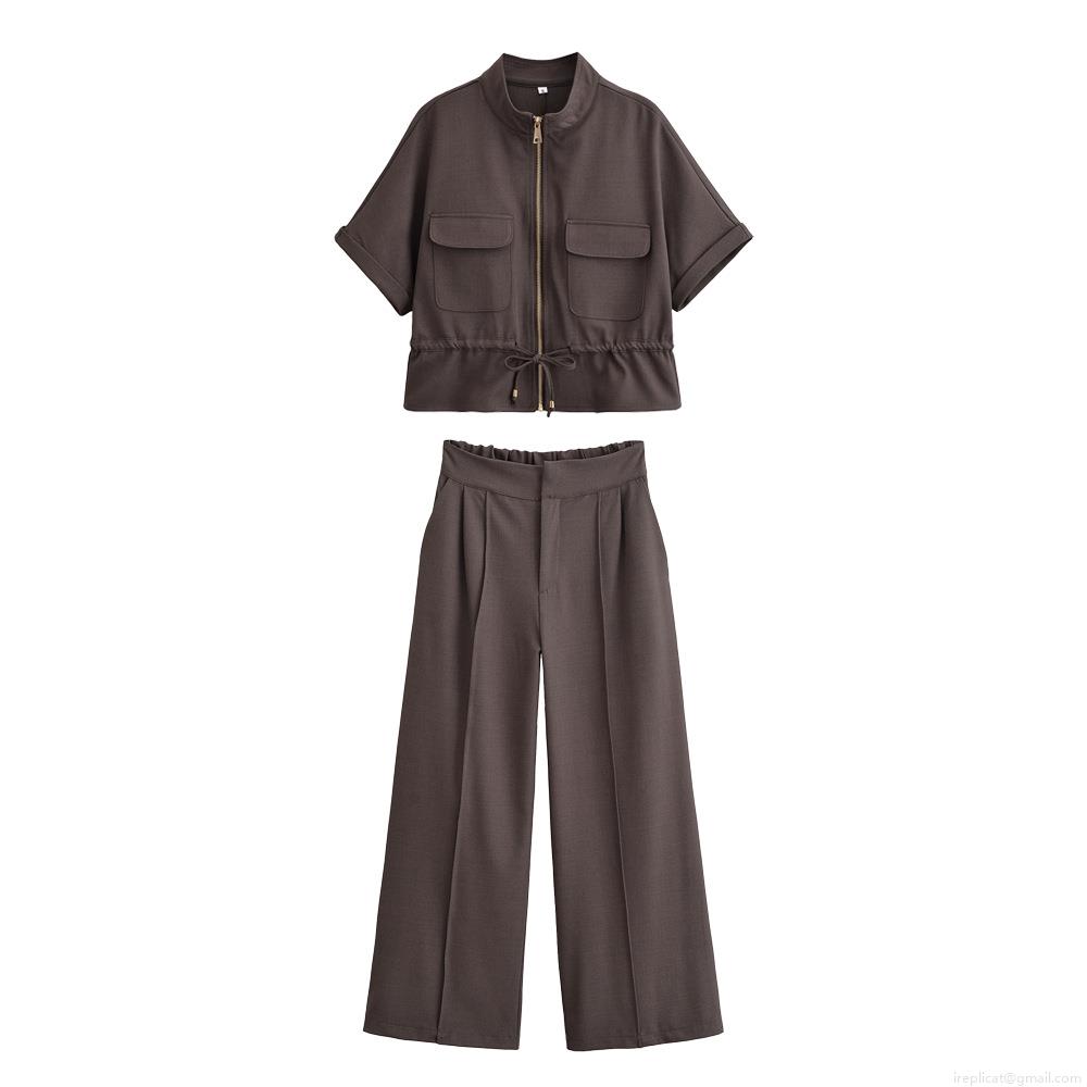 Women's Casual Two Piece Set 100% Polyester Stand Collar Zipper Short Sleeve Top And High Waist Wide Leg Pants Suit For Street Daily Chic Women Women's Casual Two Piece Set 100% Polyester Stand Collar Zipper Short Sleeve Top And High Waist Wide Leg Pants Suit For Street Daily Chic Women