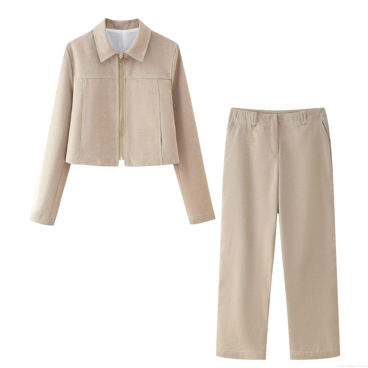 Women's Autumn Two Piece Set Herringbone Polyester Zipper Lapel Short Jacket And High Waist Straight Pants Khaki Casual Street Style Suit