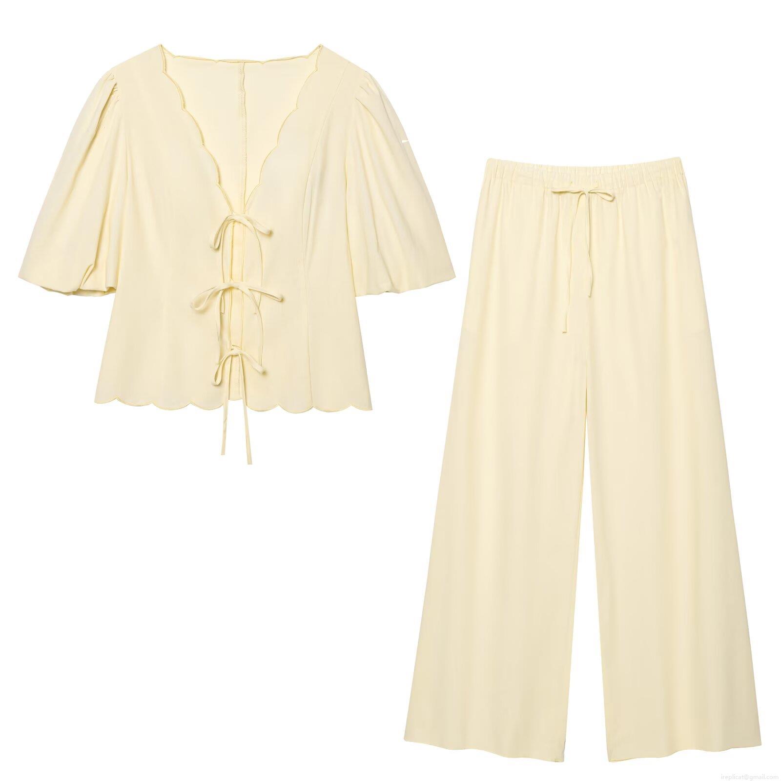 Women Two Piece Set Scalloped Trim V Neck Tie Front Bubble Sleeve Top And High Waist Wide Leg Pants Casual Summer Polyester Streetwear Outfits