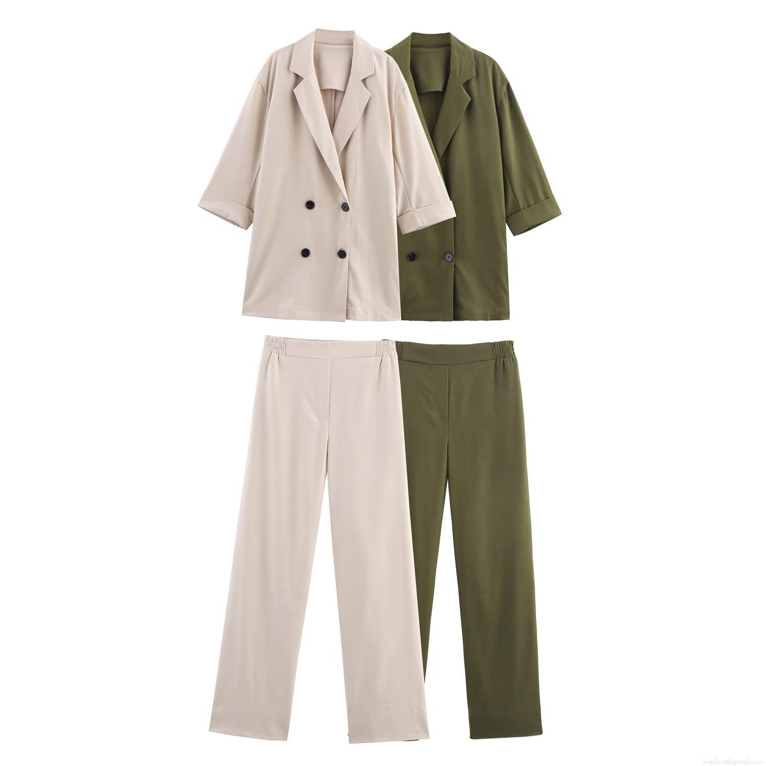 Women's 2-Piece Suit Set Double-Breasted Linen Texture Blazer And High Waist Straight Leg Pants Casual Streetwear Outfit For Autumn